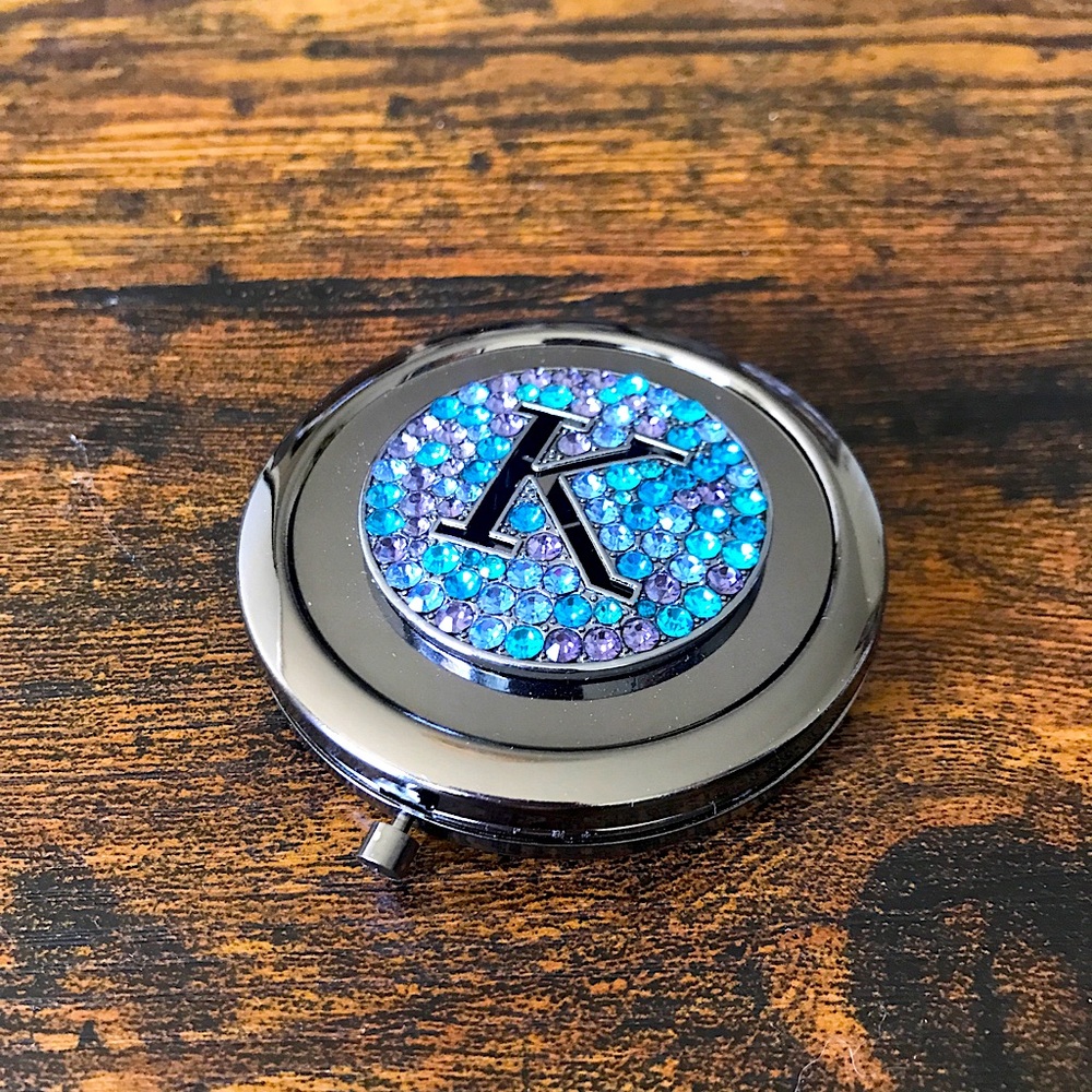 Monogram Initial “K” Gunmetal Compact Mirror with Shades of Blues Rhinestones